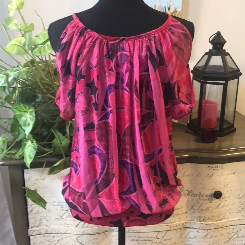 VTG BODY CENTRAL COLD SHOULDER SHORT SLEEVE ABSTRACT PRINT BLOUSE PINK PURP SZ M - Picture 6 of 16